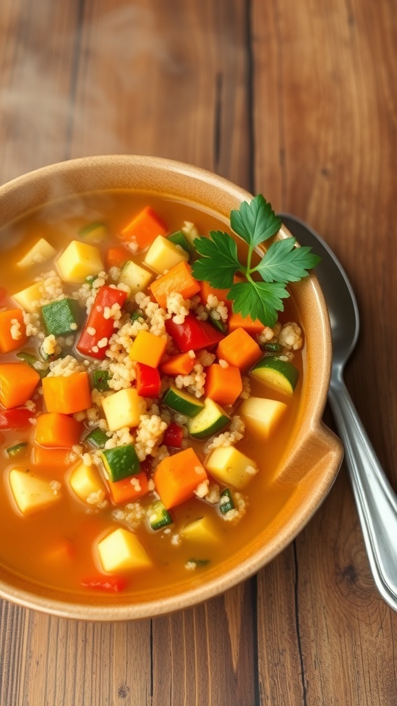 A bowl of vegetable quinoa soup with colorful vegetables and parsley garnish on a rustic table.